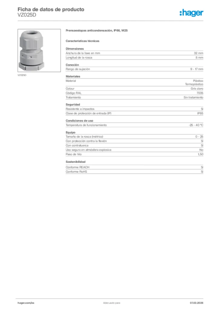 Imagen Hager Ficha de datos de producto VZ025D | Hager España
