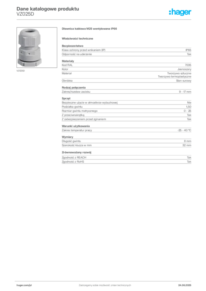 Zdjęcie Hager Karta katalogowa VZ025D | Hager Polska