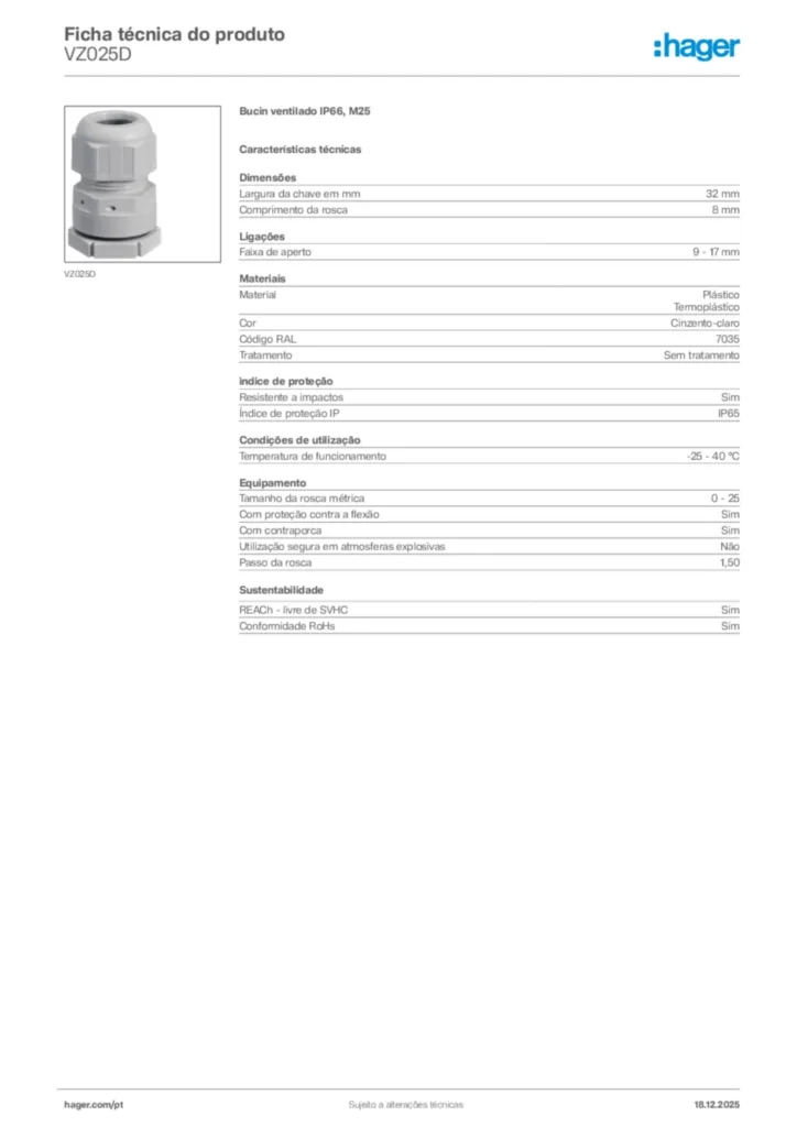 Imagem Hager Ficha técnica do produto VZ025D | Hager Portugal