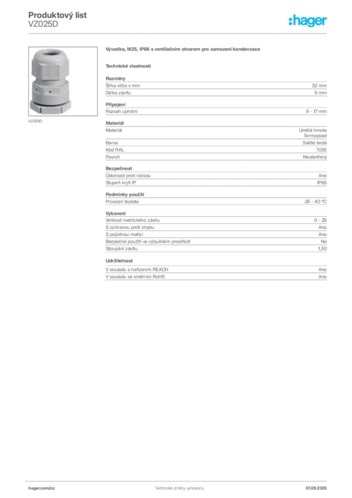 Obrázek Hager Produktový list VZ025D | Hager