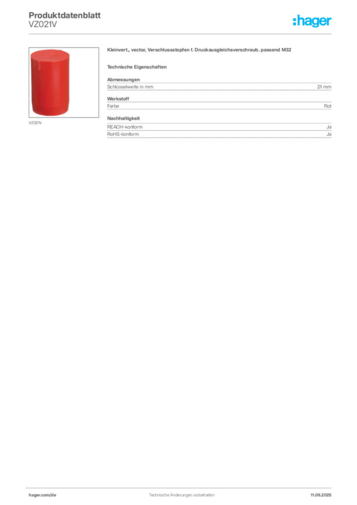 Hager Produktdatenblatt VZ021V