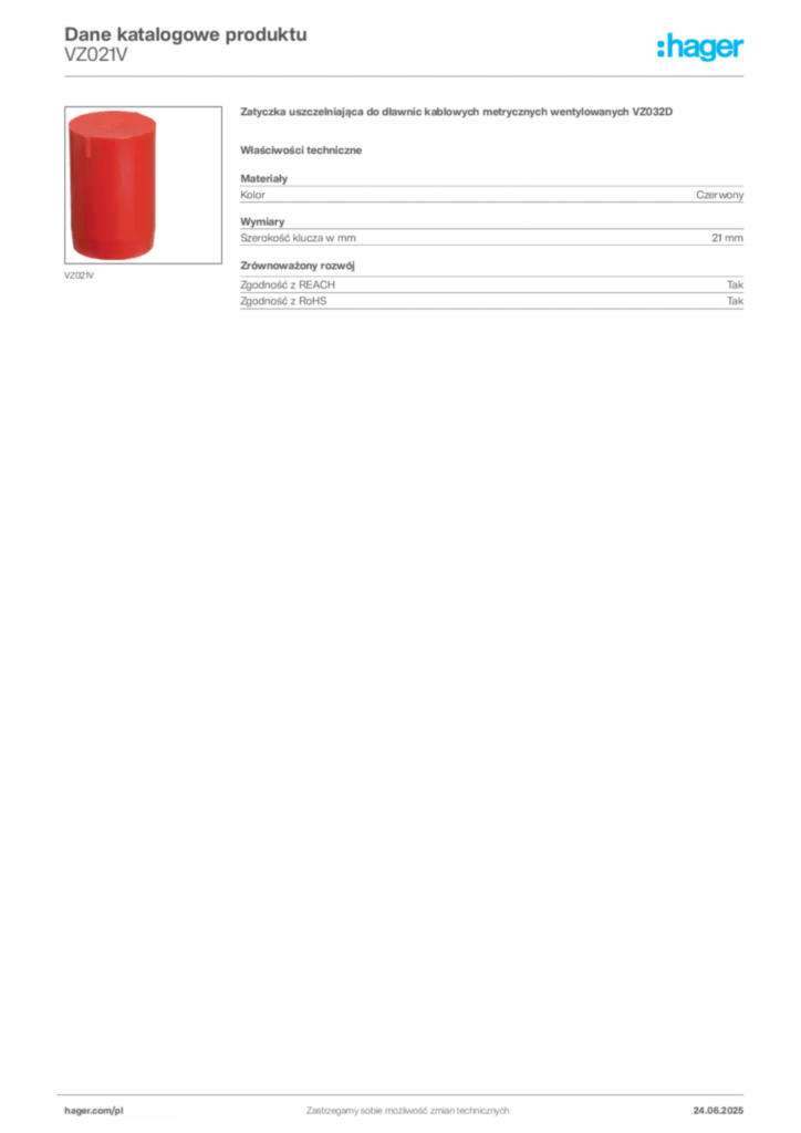 Zdjęcie Hager Karta katalogowa VZ021V | Hager Polska
