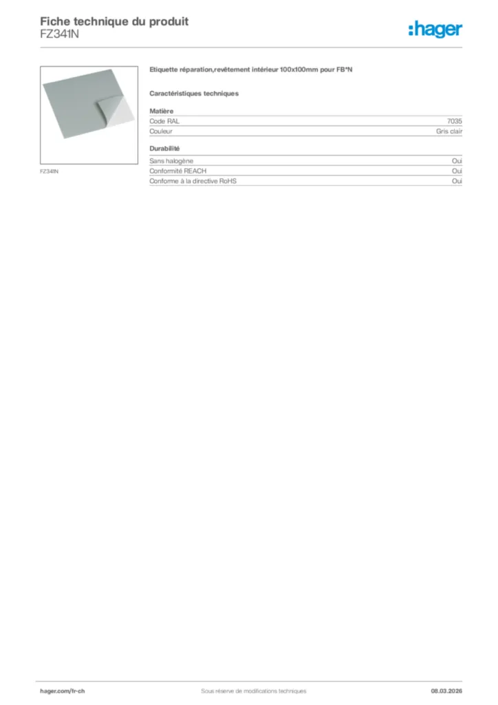 Image Hager Fiche technique du produit FZ341N | Hager Suisse