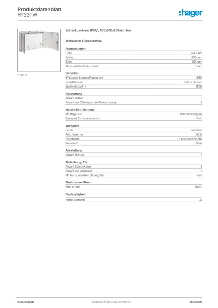 Bild Hager Produktdatenblatt FP33TW | Hager Deutschland