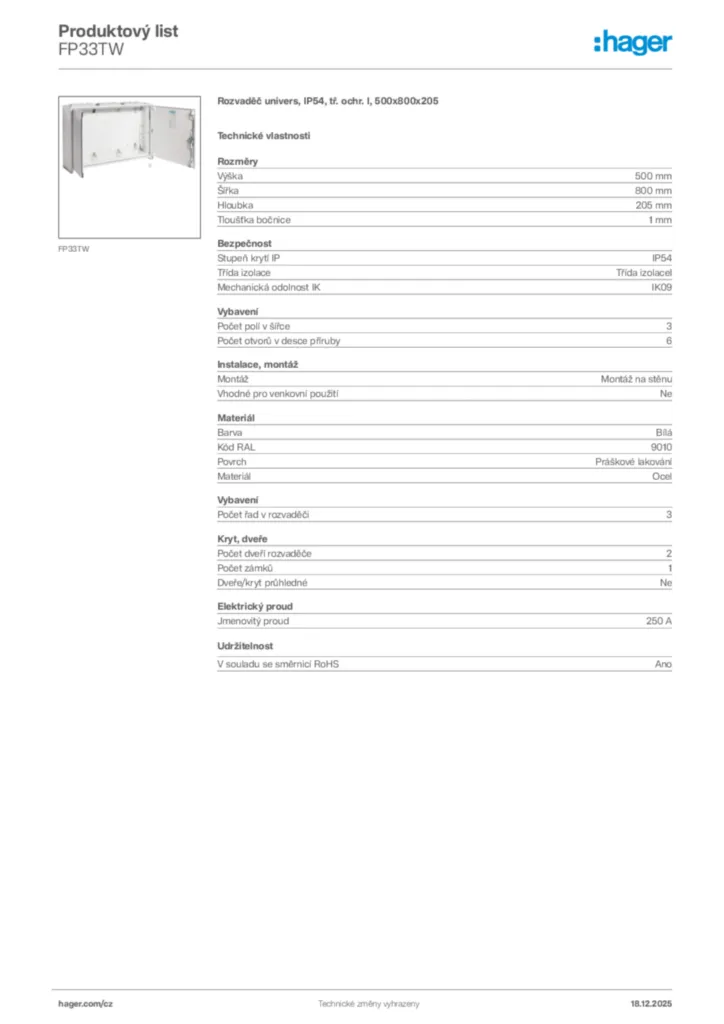 Obrázek Hager Produktový list FP33TW | Hager