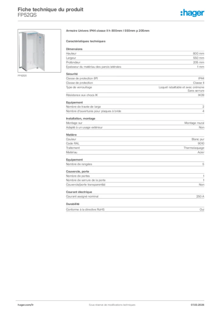 Image Hager Fiche technique du produit FP52QS | Hager France