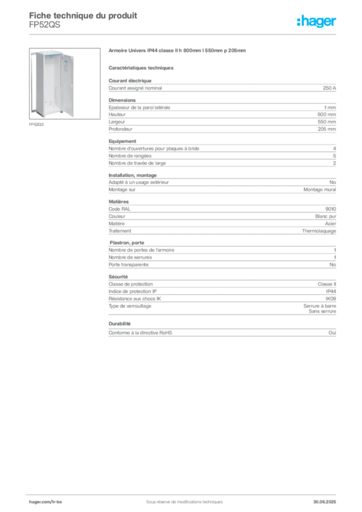 Image Hager Fiche technique du produit FP52QS | Hager Belgique