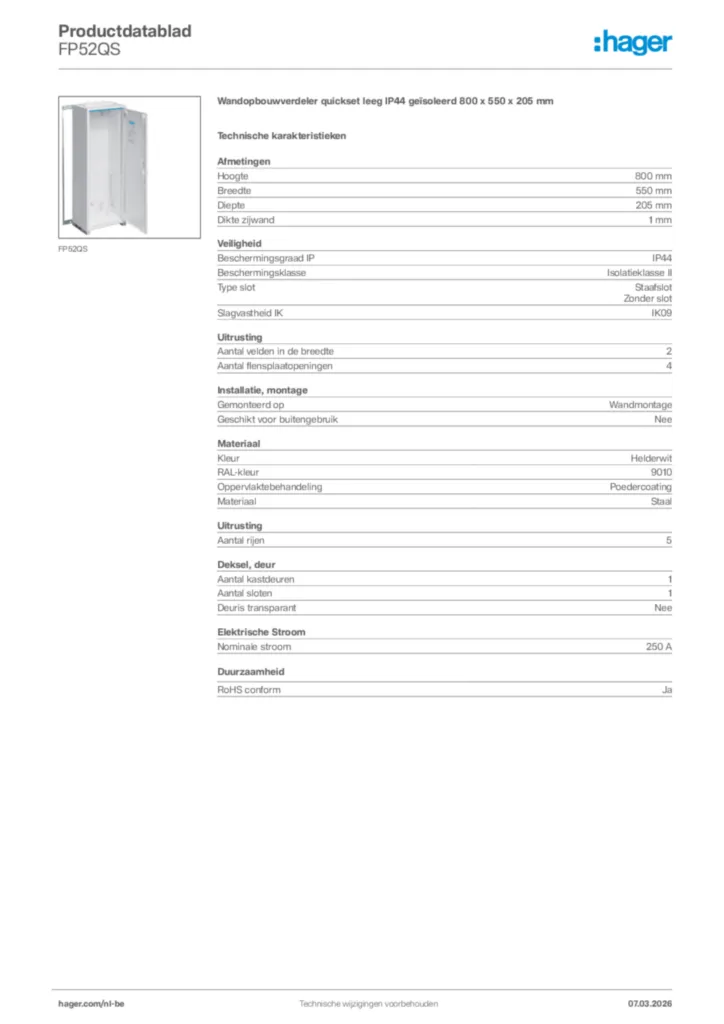 Afbeelding Hager Productdatablad FP52QS | Hager Belgium