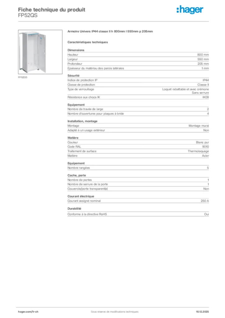 Image Hager Fiche technique du produit FP52QS | Hager Suisse