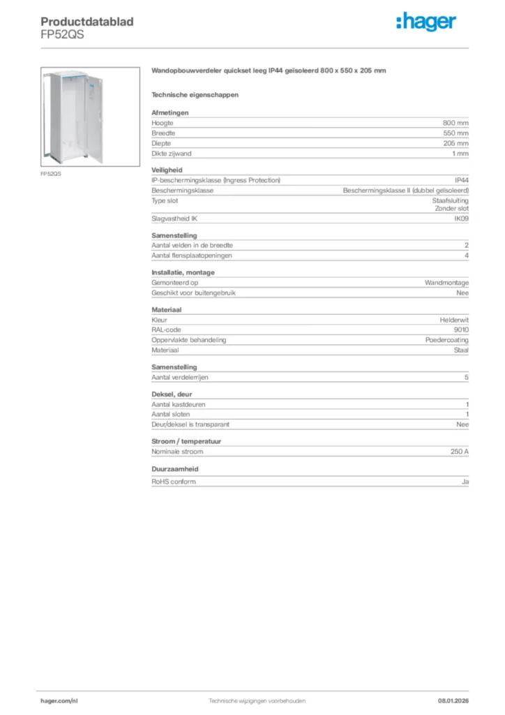Afbeelding Hager Productdatablad FP52QS | Hager Nederland
