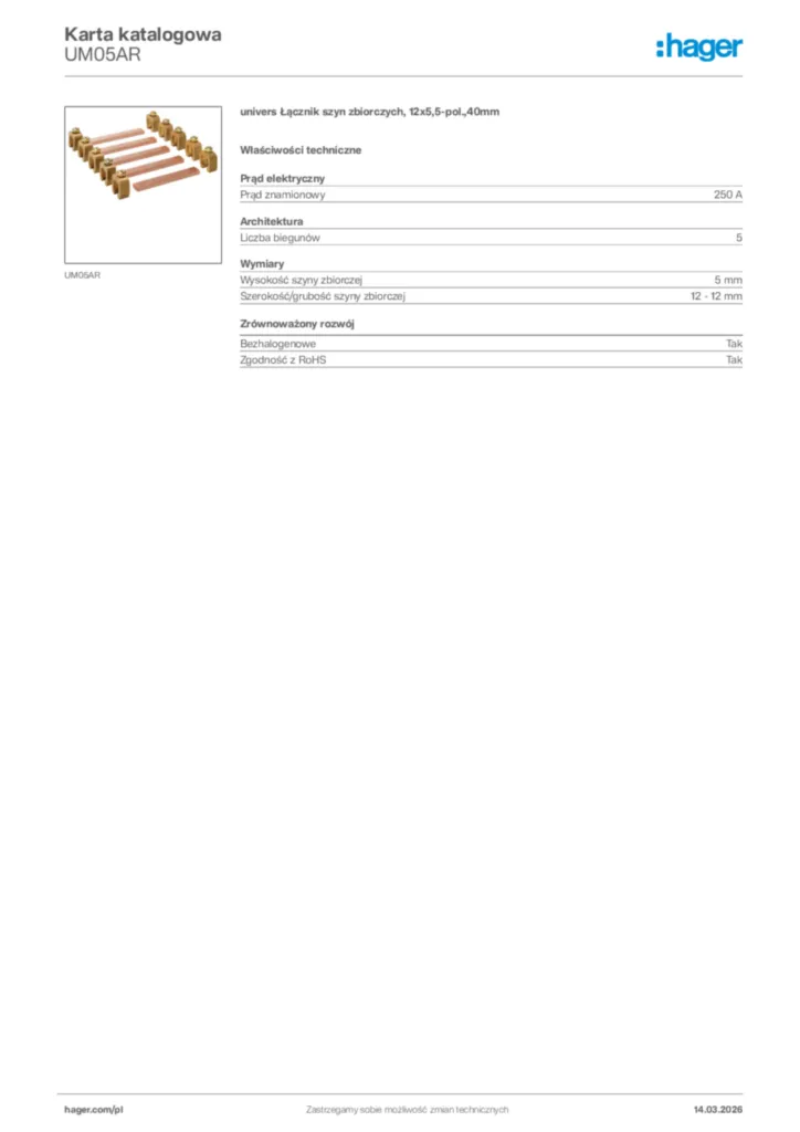Zdjęcie Hager Karta katalogowa UM05AR | Hager Polska