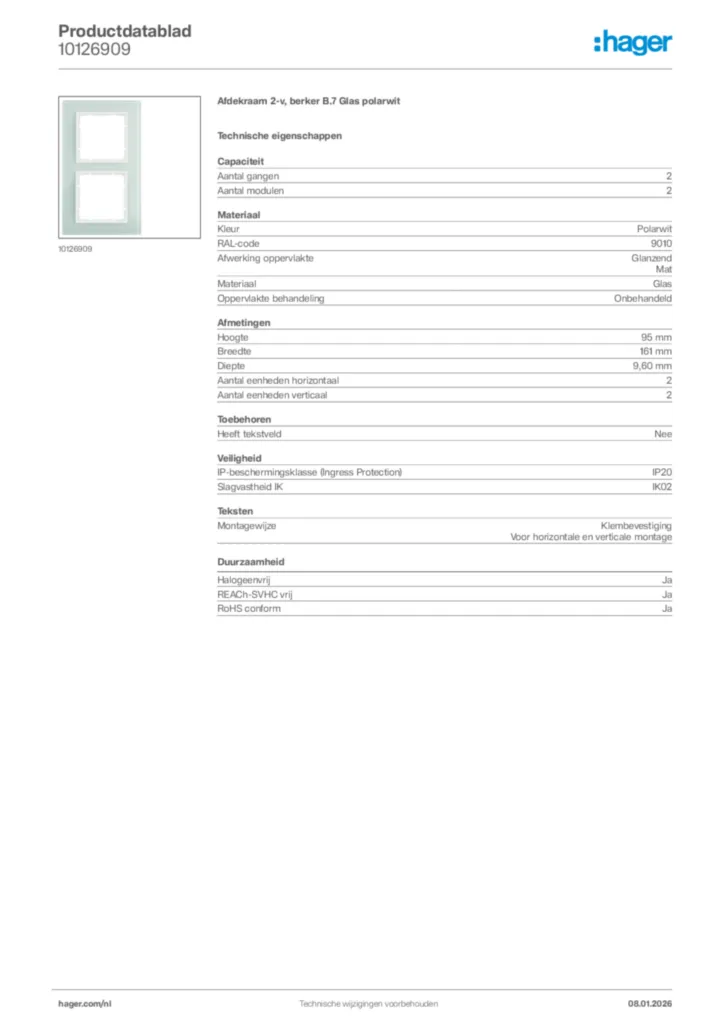 Afbeelding Hager Productdatablad 10126909 | Hager Nederland
