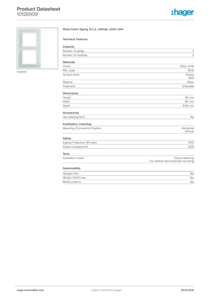 Image Hager Product data sheet 10126909  | Hager
