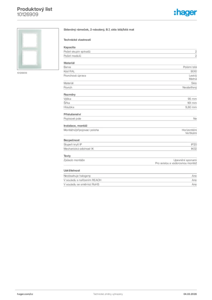Obrázek Hager Product data sheet 10126909 | Hager
