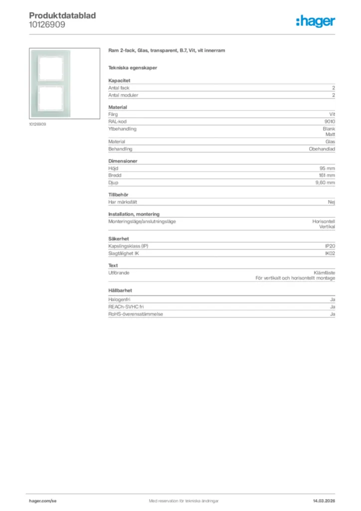 Bild Hager Produktdatablad 10126909 | Hager Sverige