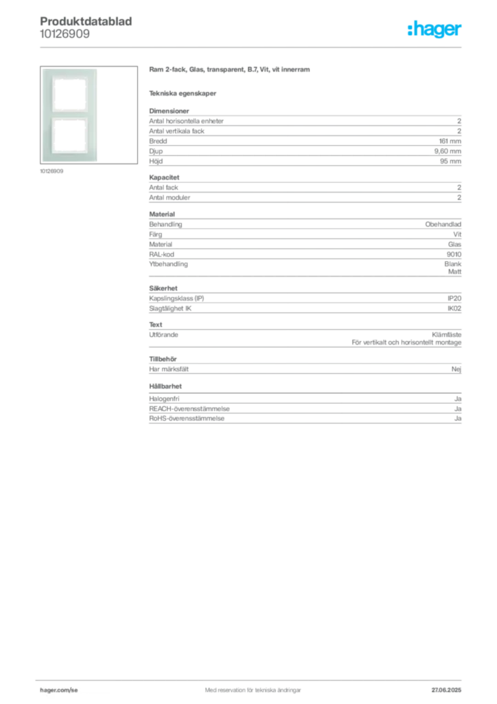Bild Hager Produktdatablad 10126909 | Hager Sverige