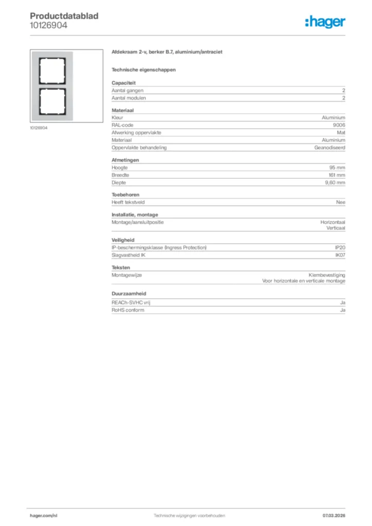 Afbeelding Hager Productdatablad 10126904 | Hager Nederland