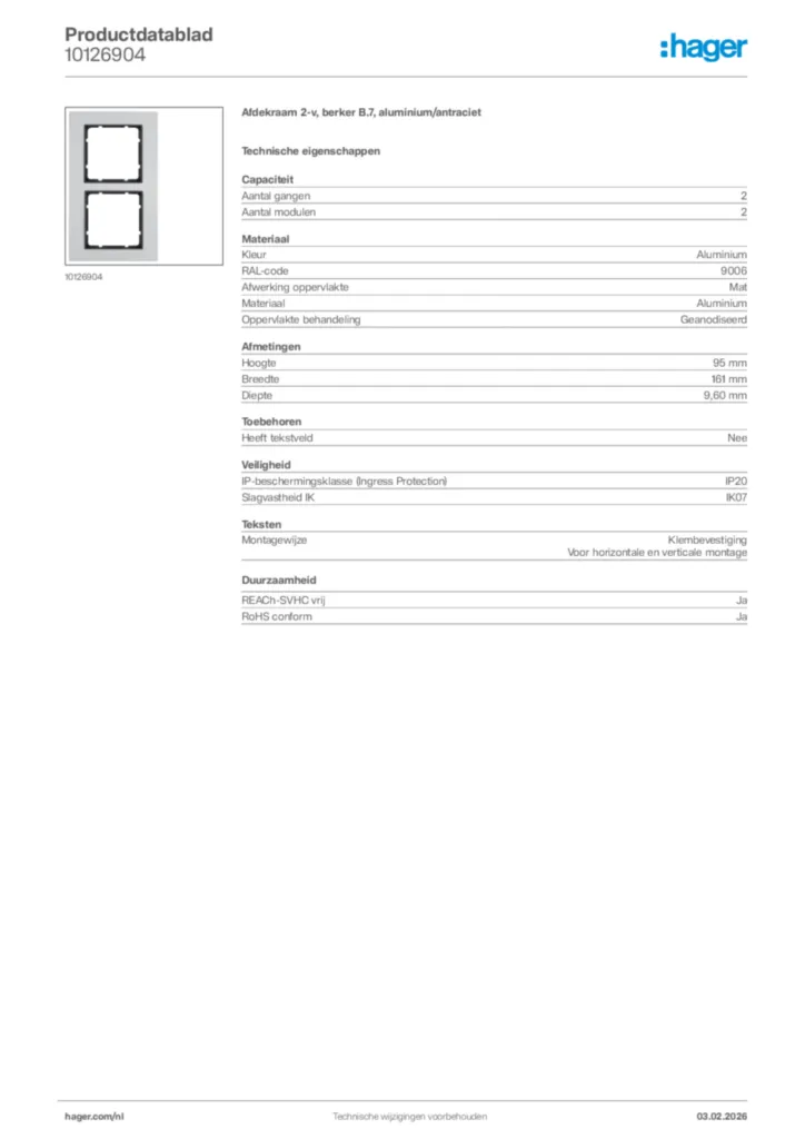 Afbeelding Hager Productdatablad 10126904 | Hager Nederland