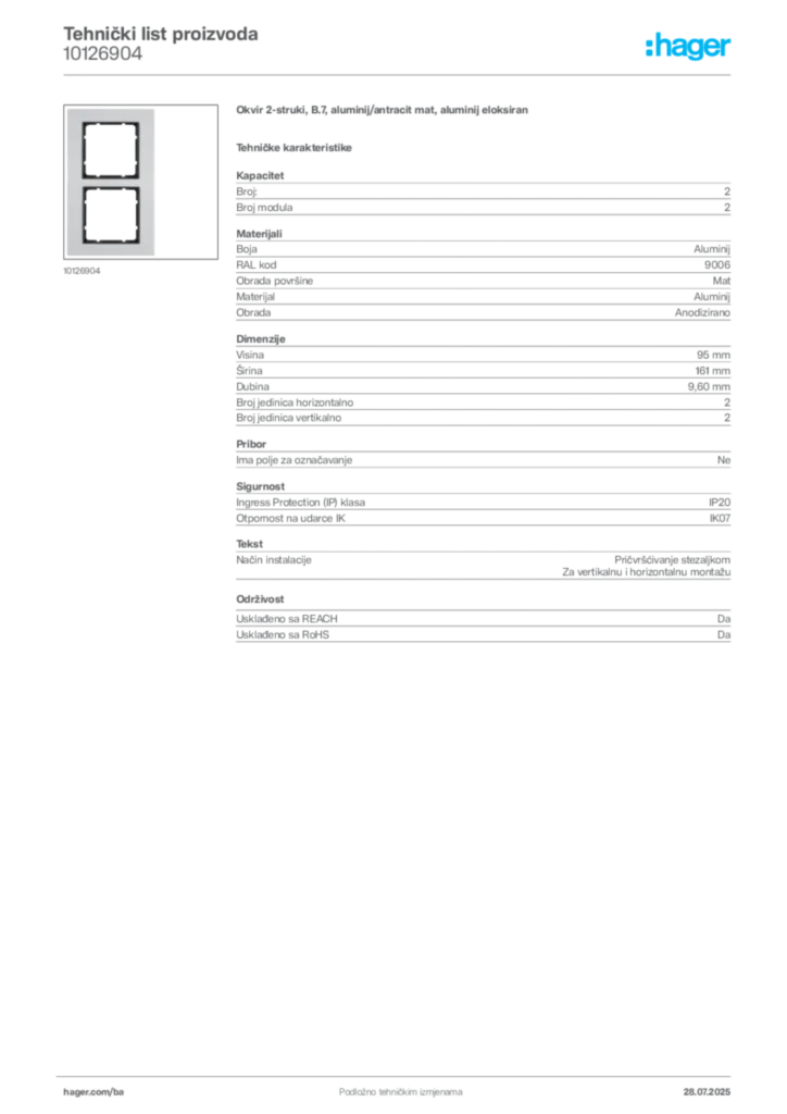 Slika Hager Product data sheet 10126904  | Hager