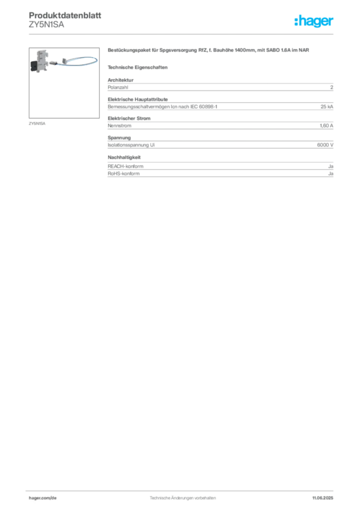 Hager Produktdatenblatt ZY5N1SA