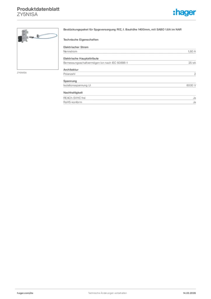 Bild Hager Produktdatenblatt ZY5N1SA | Hager Deutschland