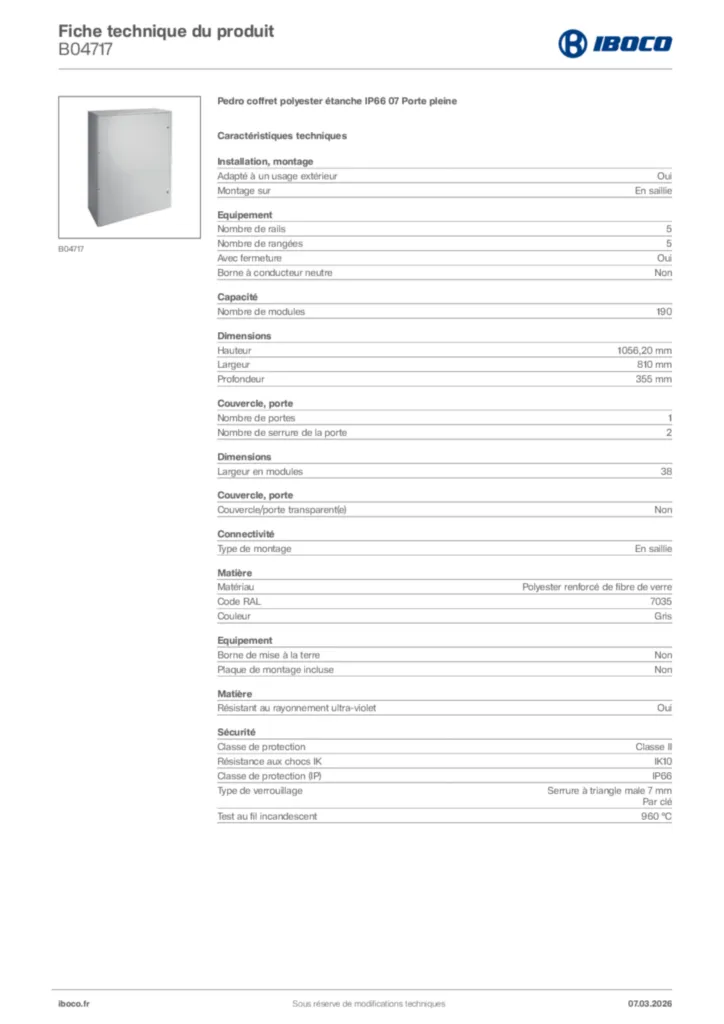 Image Iboco Fiche technique du produit B04717 | Hager France