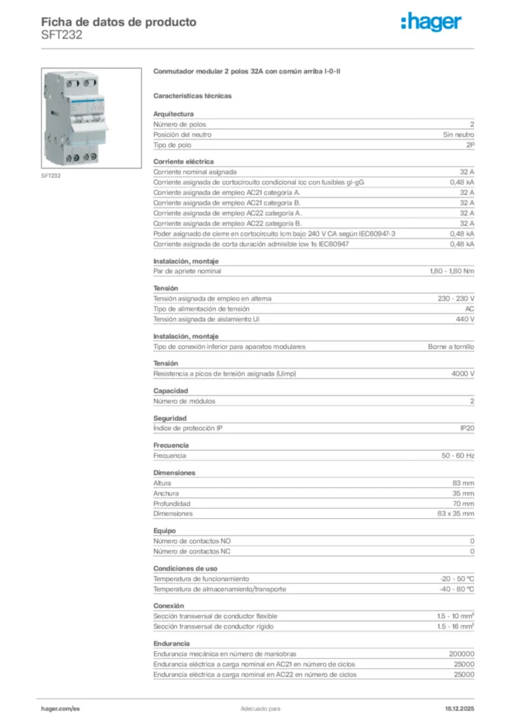 Imagen Hager Ficha de datos de producto SFT232 | Hager España