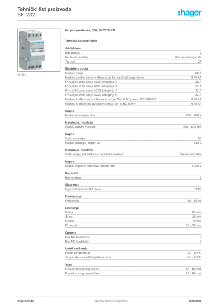 Slika Hager Product data sheet SFT232  | Hager