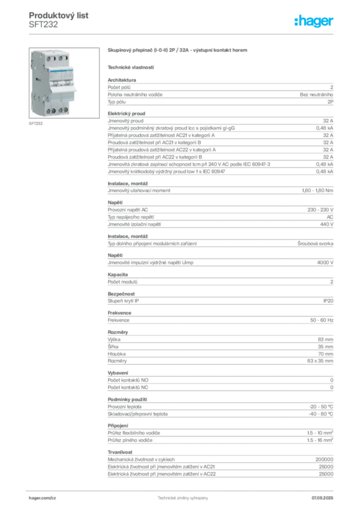 Obrázek Hager Produktový list SFT232 | Hager