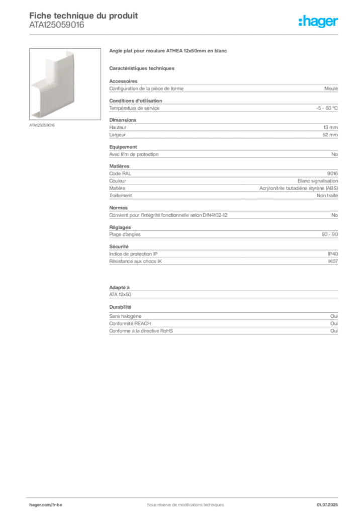 Image Hager Fiche technique du produit ATA125059016 | Hager Belgique