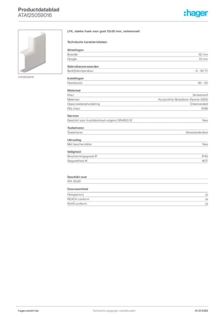 Afbeelding Hager Productdatablad ATA125059016 | Hager Belgium