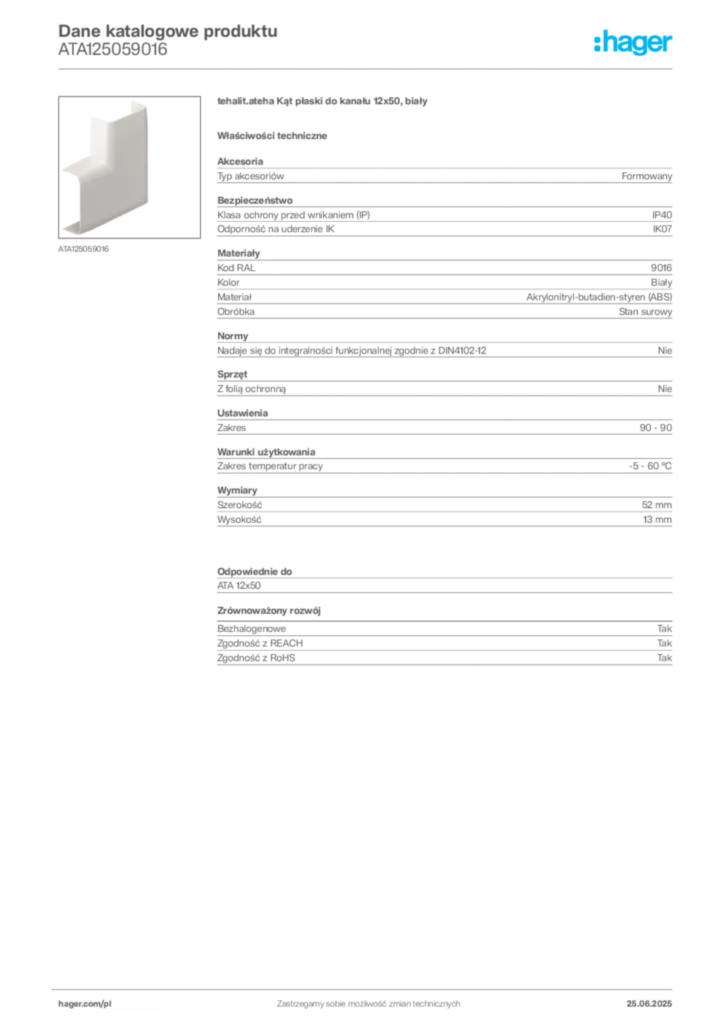 Zdjęcie Hager Karta katalogowa ATA125059016 | Hager Polska