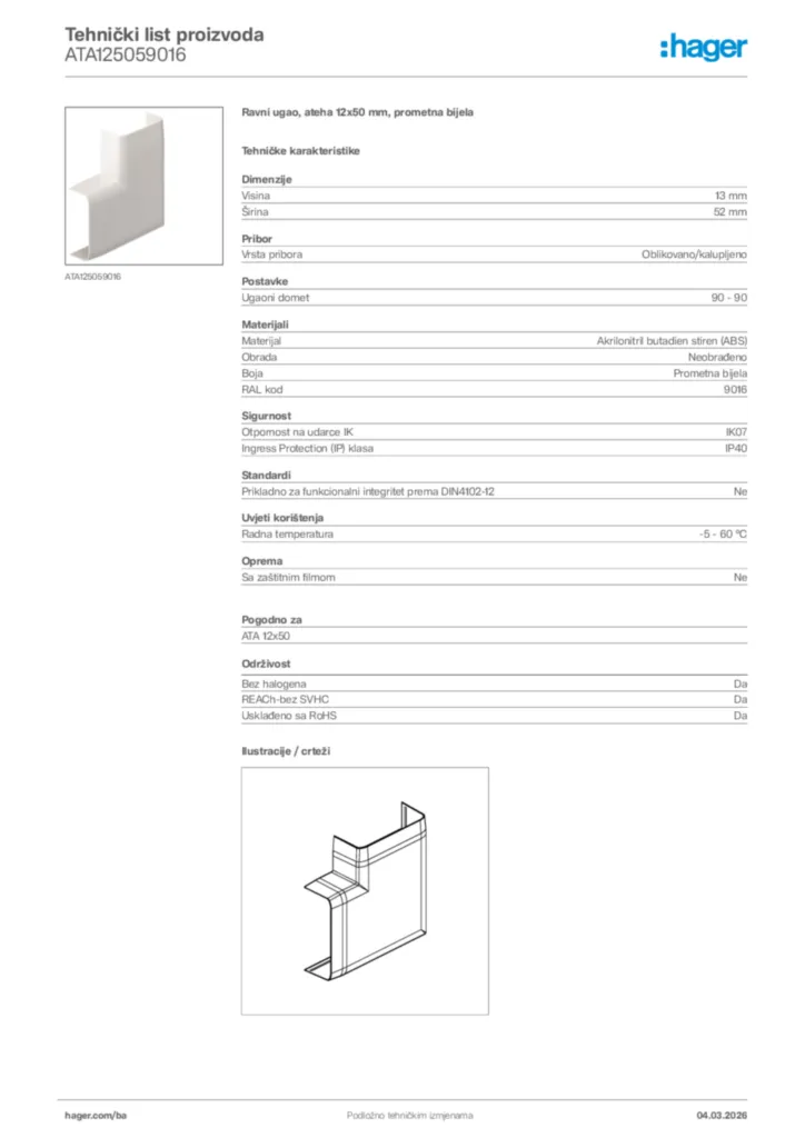 Slika Hager Tehnički list proizvoda ATA125059016  | Hager