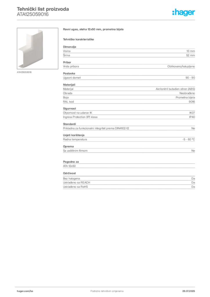 Slika Hager Product data sheet ATA125059016  | Hager