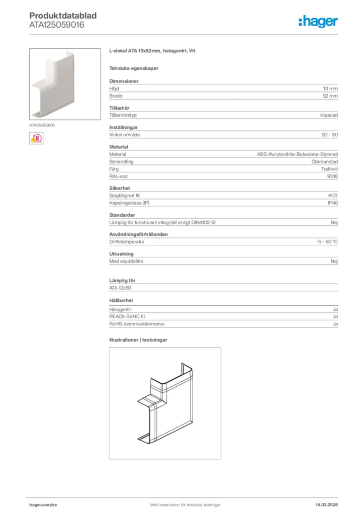 Bild Hager Produktdatablad ATA125059016 | Hager Sverige