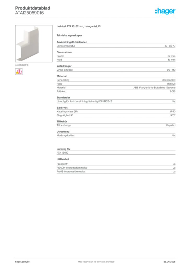 Bild Hager Produktdatablad ATA125059016 | Hager Sverige