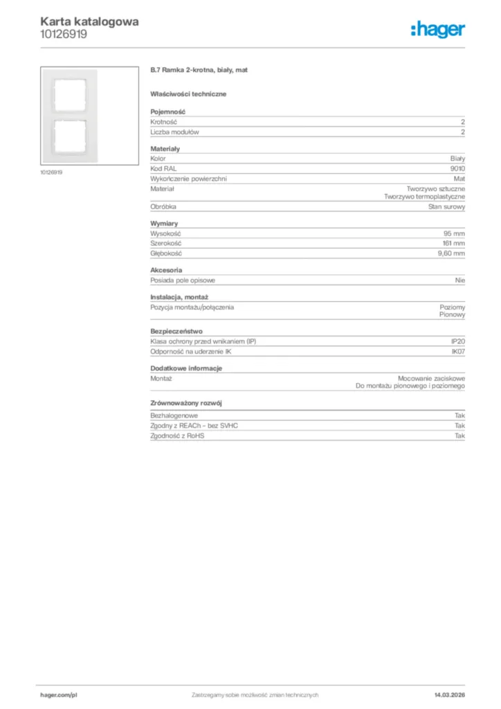Zdjęcie Hager Karta katalogowa 10126919 | Hager Polska