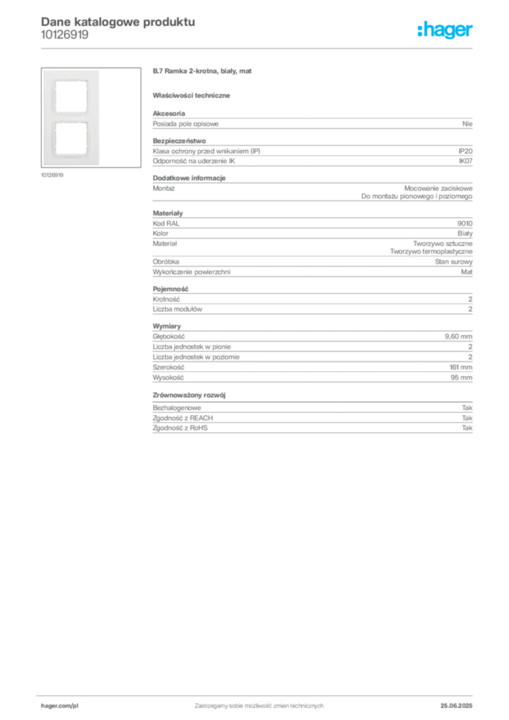 Zdjęcie Hager Karta katalogowa 10126919 | Hager Polska