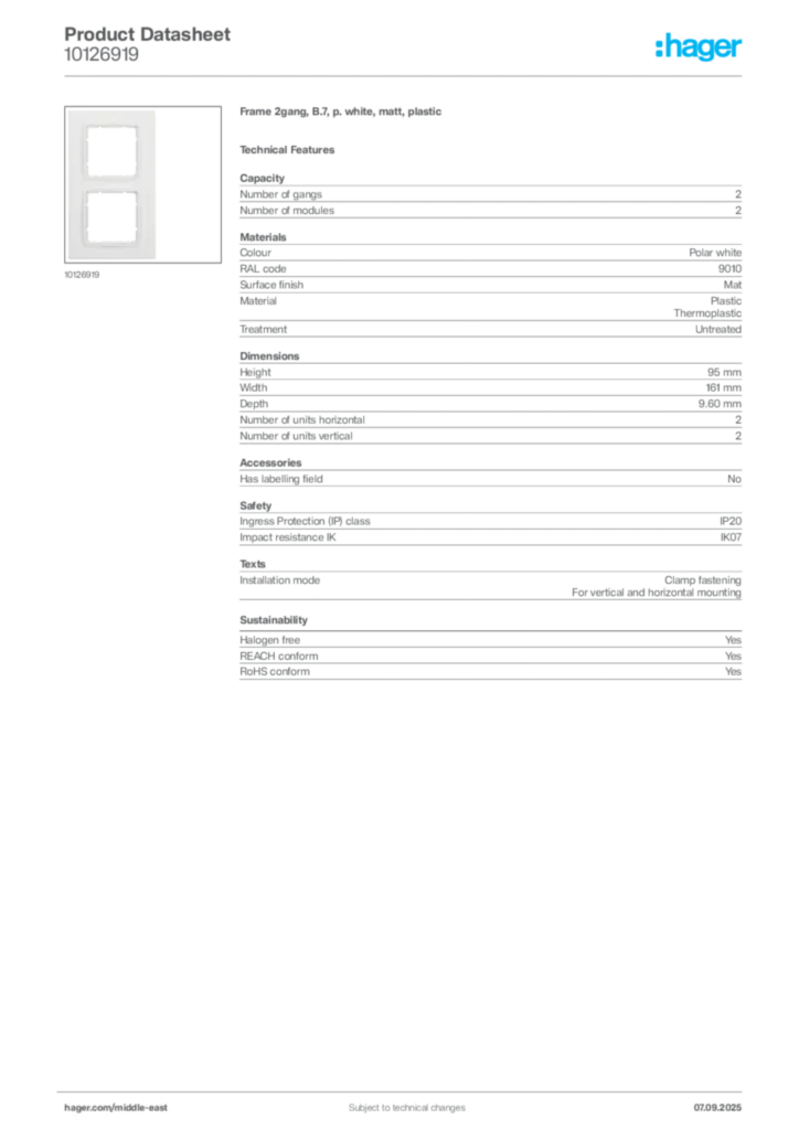 Image Hager Product data sheet 10126919  | Hager