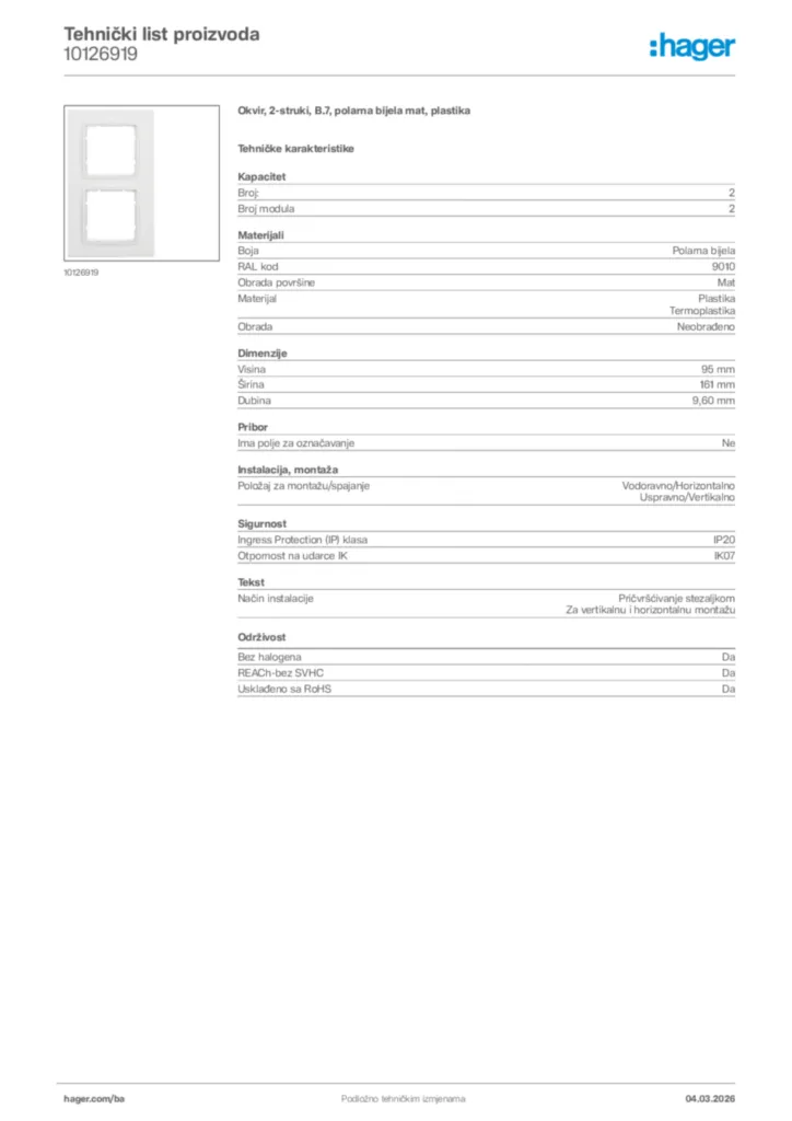 Slika Hager Tehnički list proizvoda 10126919  | Hager