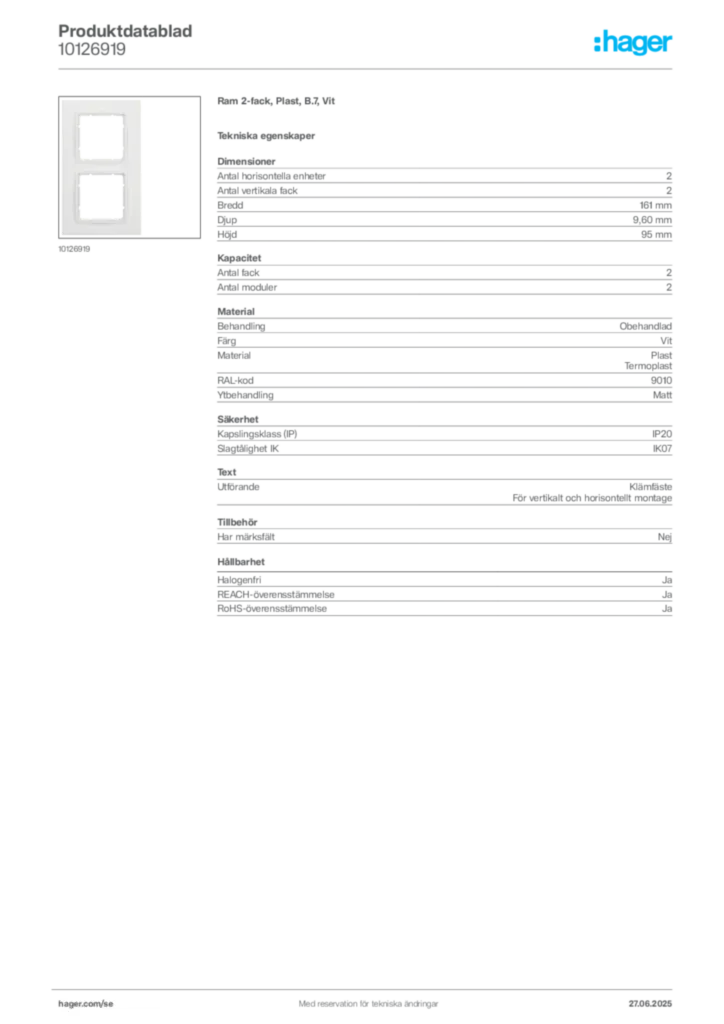 Bild Hager Produktdatablad 10126919 | Hager Sverige