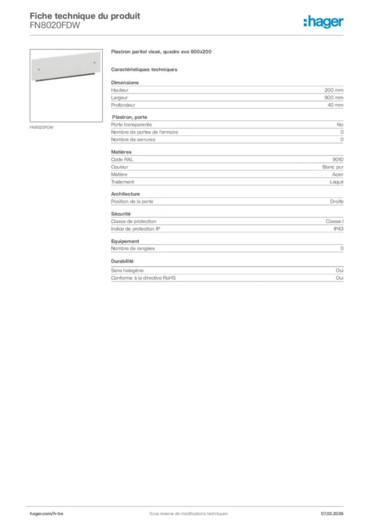 Image Hager Fiche technique du produit FN8020FDW | Hager Belgique