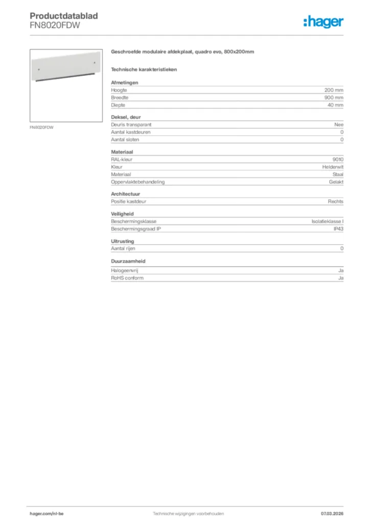 Afbeelding Hager Productdatablad FN8020FDW | Hager Belgium