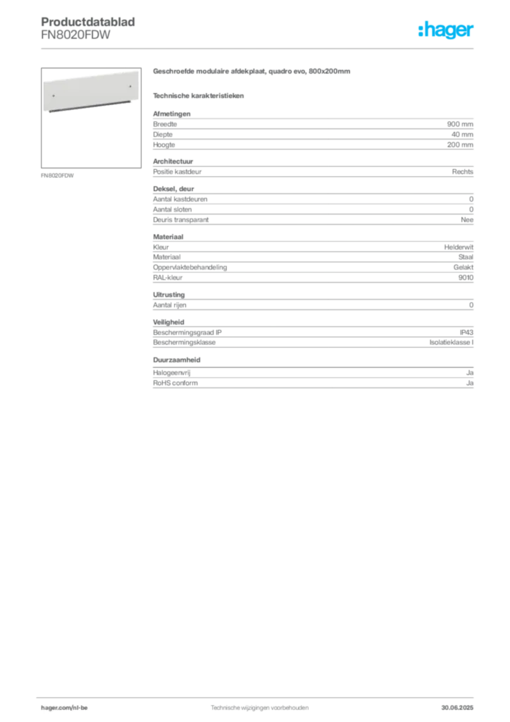 Afbeelding Hager Productdatablad FN8020FDW | Hager Belgium