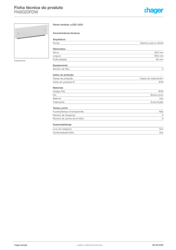 Imagem Hager Ficha técnica do produto FN8020FDW | Hager Portugal