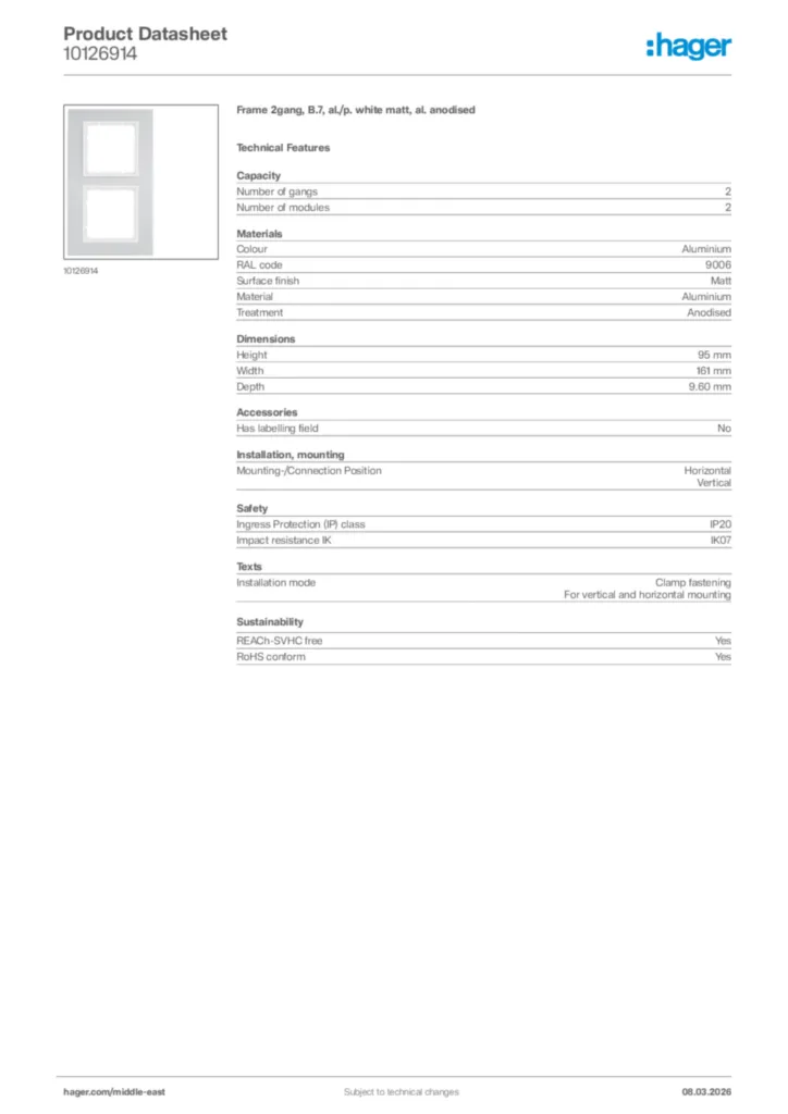 Image Hager Product data sheet 10126914  | Hager