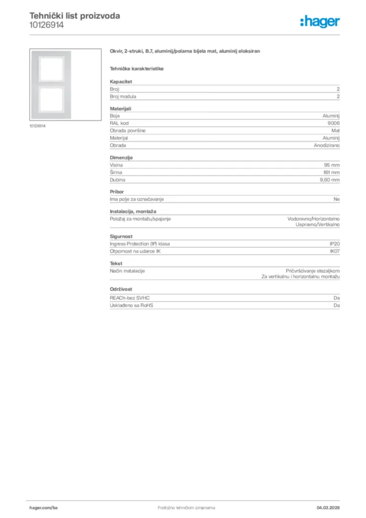 Slika Hager Tehnički list proizvoda 10126914  | Hager