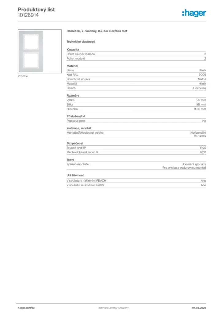 Obrázek Hager Product data sheet 10126914 | Hager