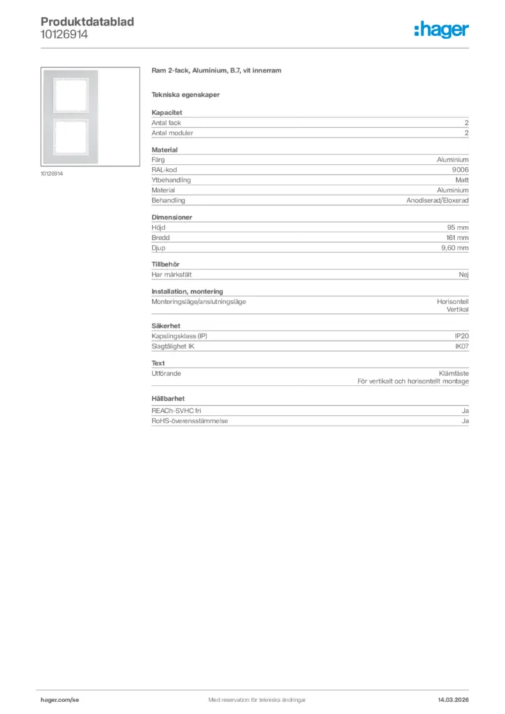 Bild Hager Produktdatablad 10126914 | Hager Sverige