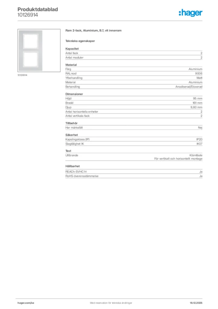 Bild Hager Produktdatablad 10126914 | Hager Sverige
